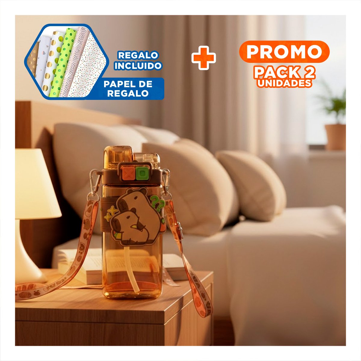 PACK2 RECIPIENTE DOBLE CHUPON CON CORREA MARRON RESISTENTE Y FACIL DE LIMPIAR Y+PAPEL REGALO - 1