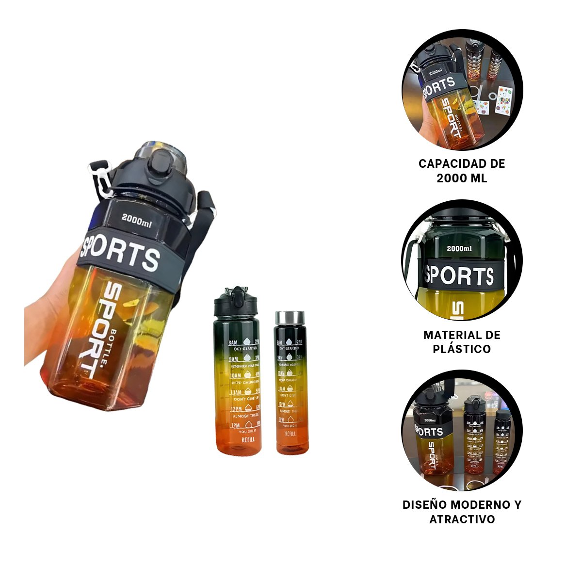BOTELLA TRIO TRANSPARENTE COLORES NEGRO AMARILLO Y NARANJA MANTIENE BEBIDAS - 3