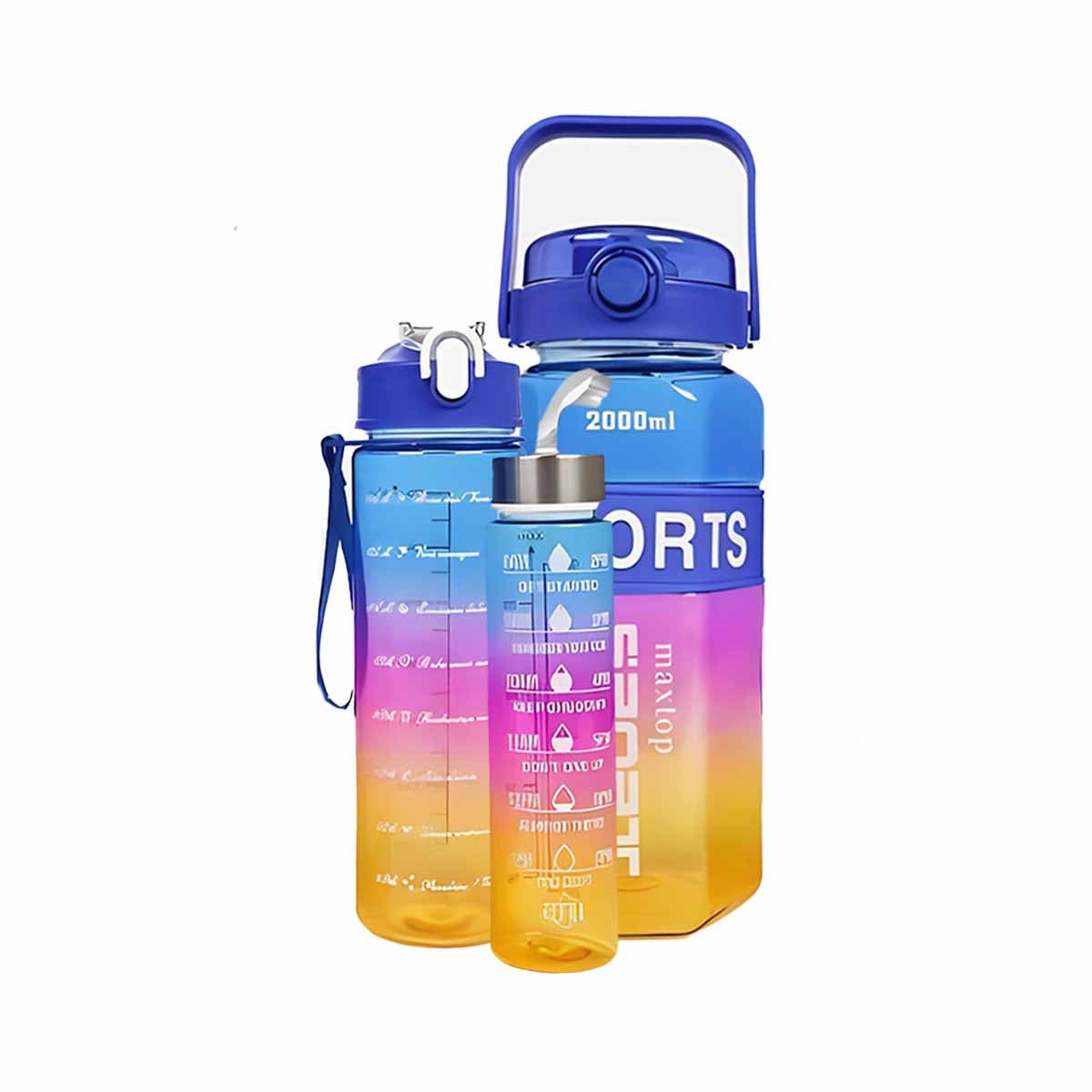 BOTELLA TRIO TRANSPARENTE AZUL FUCSIA Y AMARILLO LIGERA Y COMODA PARA BEBIDAS Y+LIGAS REGALO - 3