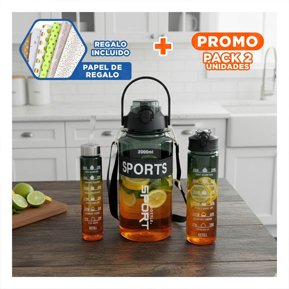 PACK2 RECIPIENTE TRIO TRANSPARENTE NEGRO AMARILLO Y NARANJA LIGERO Y COMODO Y+PAPEL REGALO - 1