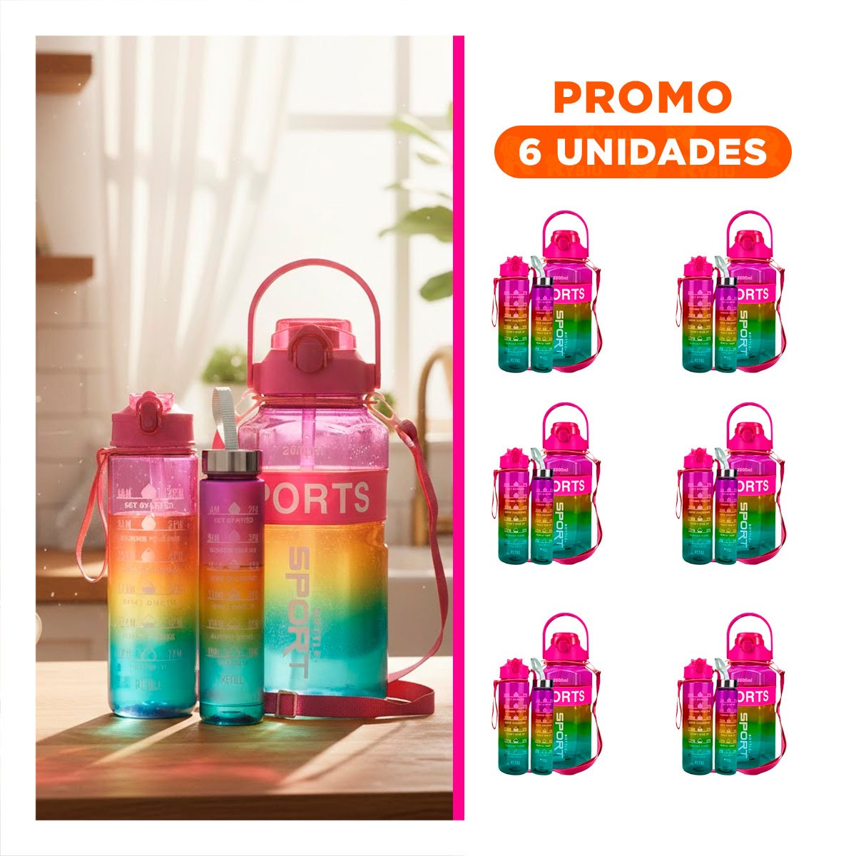 PACK6 COPA TRIO TRANSPARENTE FUCSIA AMARILLO Y VERDE LIGERA Y COMODA TRANSPORTAR - 1