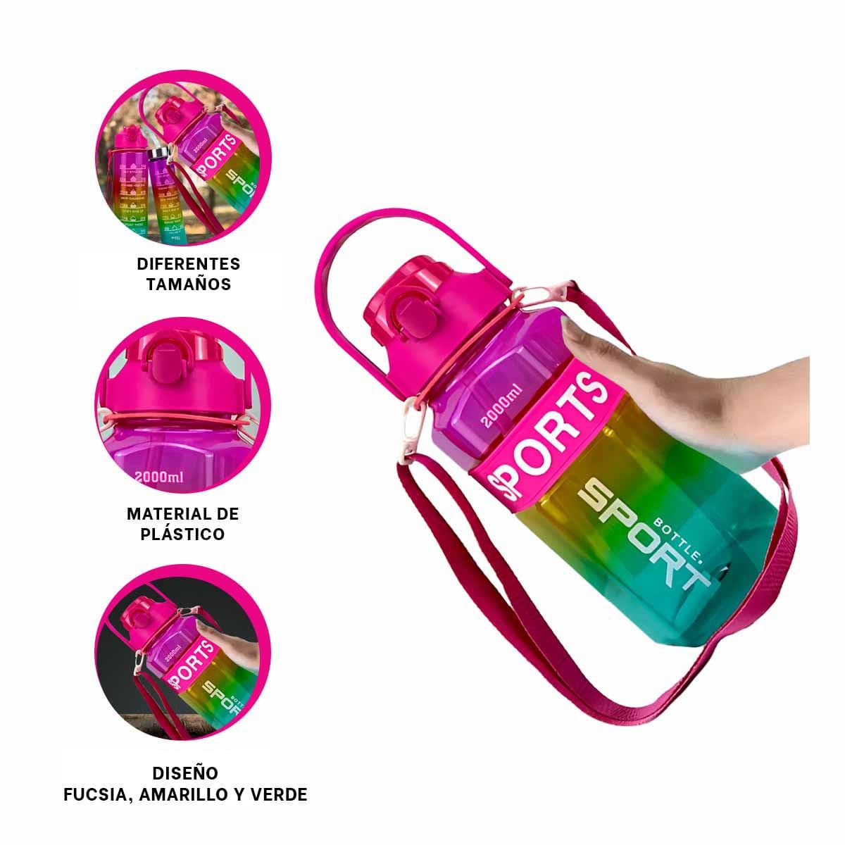 BOTELLA TRIO TRANSPARENTE COLOR FUCSIA AMARILLO Y VERDE MANTIENE BEBIDAS - 3