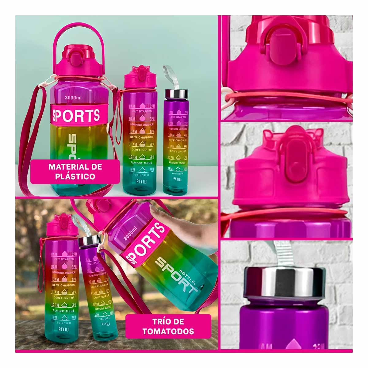 BOTELLA TRIO TRANSPARENTE COLOR FUCSIA AMARILLO Y VERDE MANTIENE BEBIDAS - 5