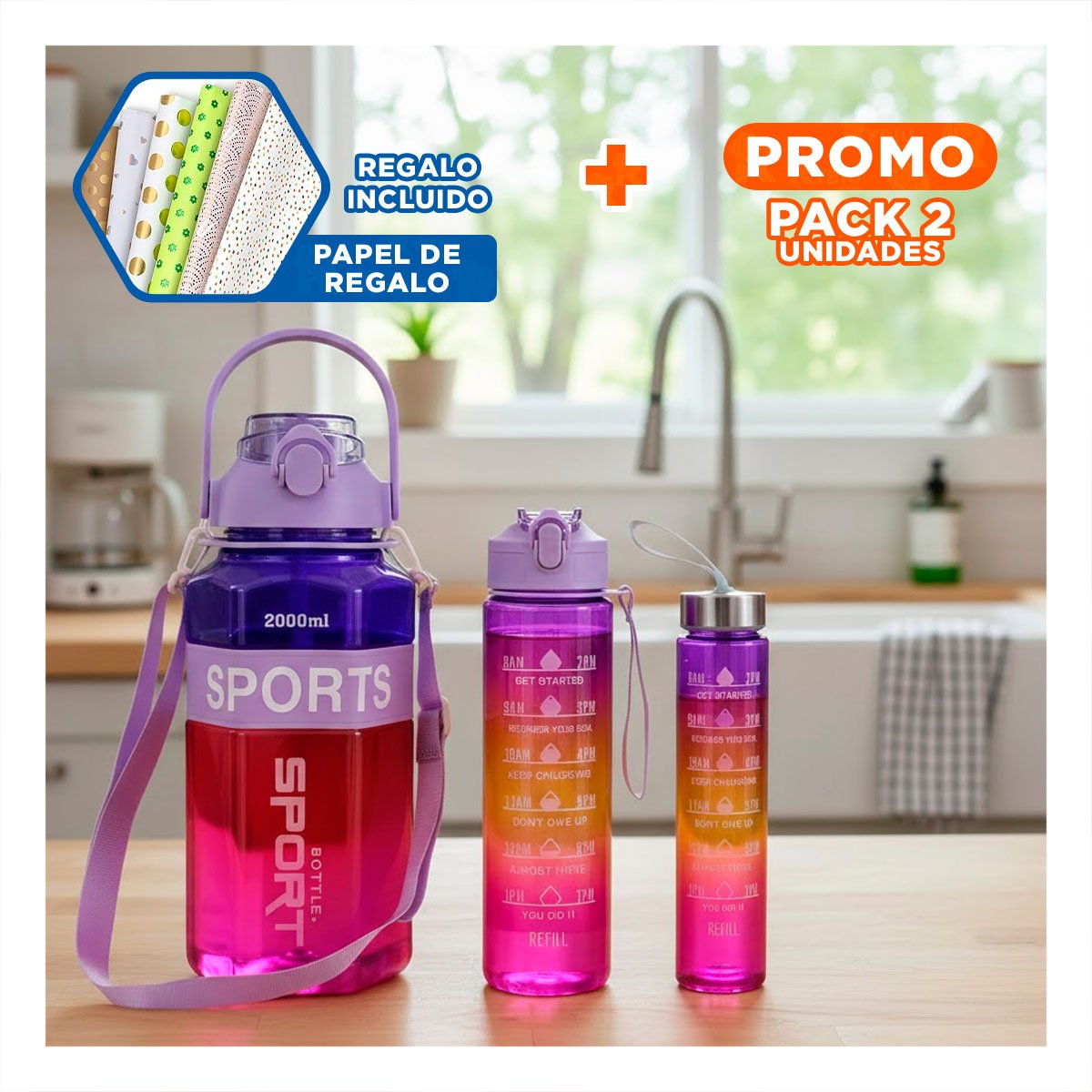 PACK2 RECIPIENTE TRIO TRANSPARENTE MORADO ROJO Y FUCSIA LIGERO Y COMODO Y+PAPEL REGALO - 1