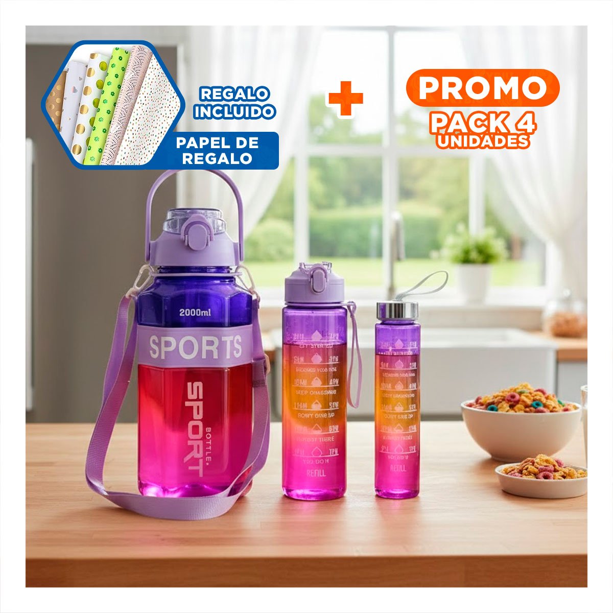 PACK4 COPA TRIO TRANSPARENTE MORADO ROJO Y FUCSIA CON TAPA HERMETICA Y+PAPEL REGALO - 1