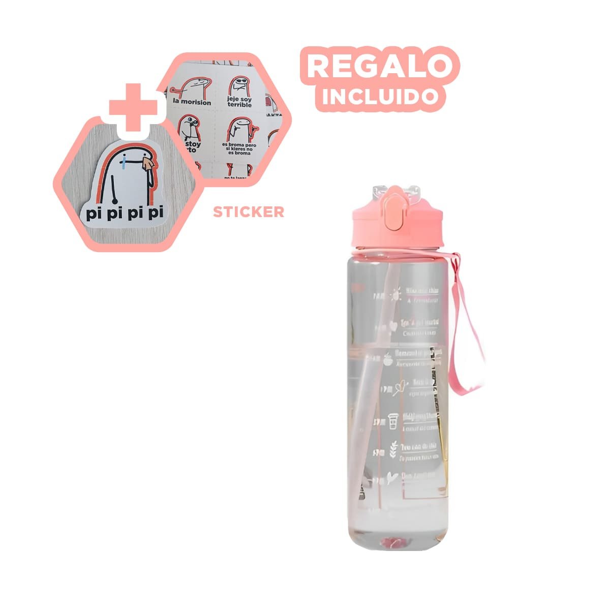 BOTELLA TRIO TRANSPARENTE ROSADO RESISTENTE Y FACIL DE LIMPIAR CASA Y+REGALO STICKER - 1