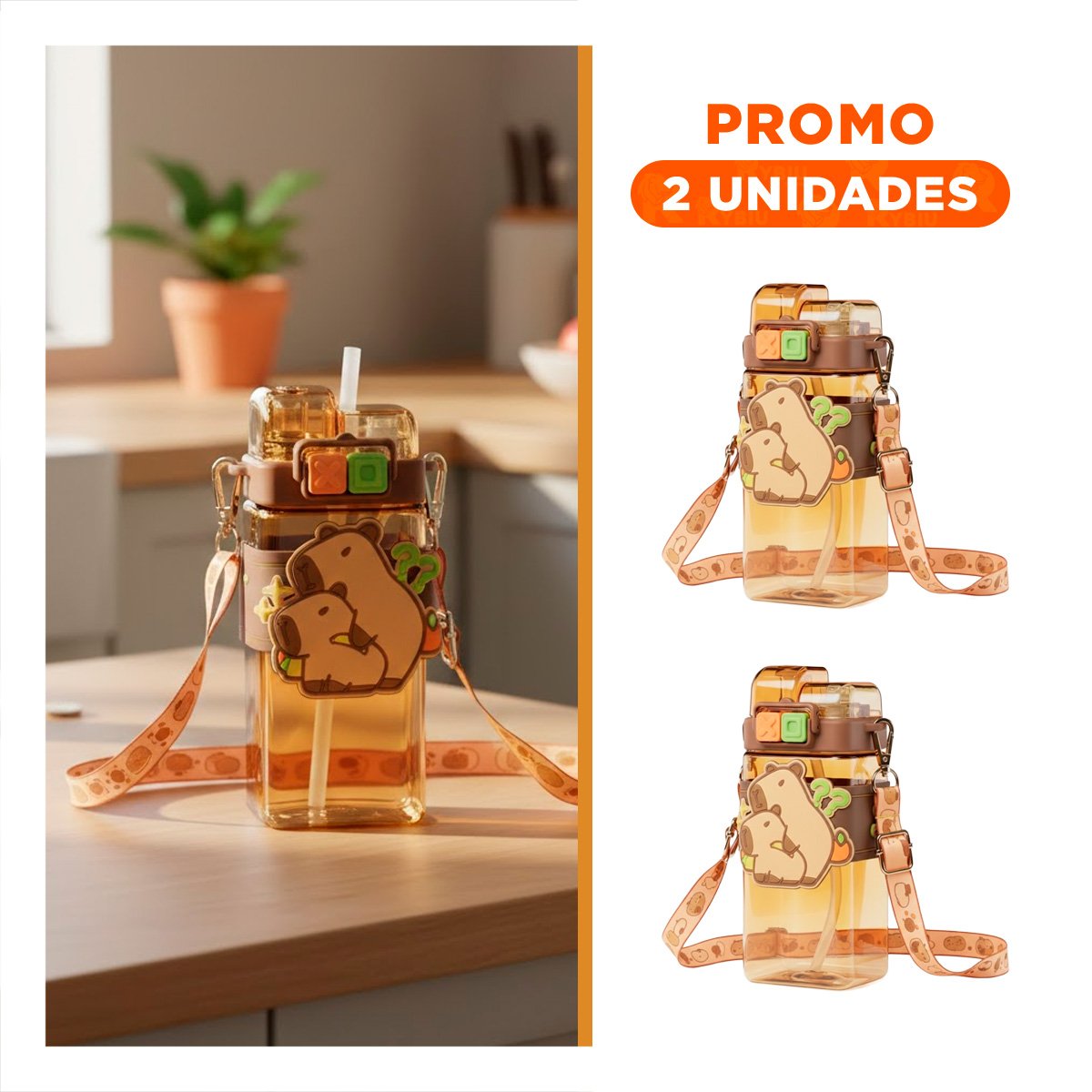 PACK2 RECIPIENTE DOBLE CHUPON CON CORREA MARRON CON TAPA HERMETICA FACIL ABRIR - 1