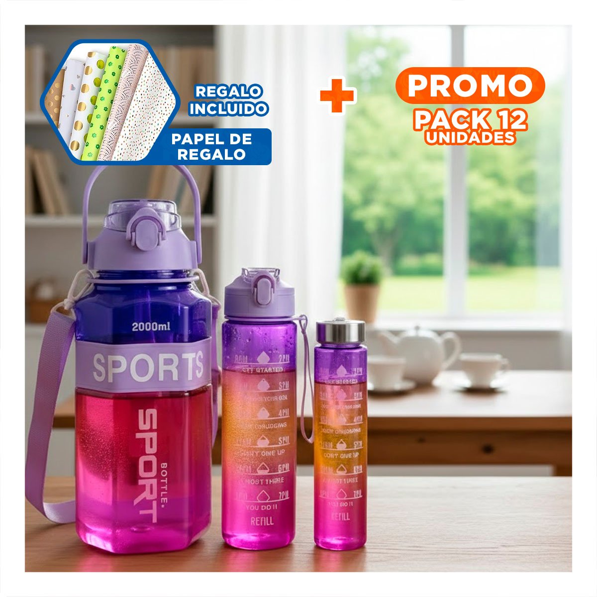 PACK12 JARRA TRIO TRANSPARENTE MORADO ROJO Y FUCSIA RESISTENTE Y FACIL LIMPIAR Y+PAPEL REGALO - 1