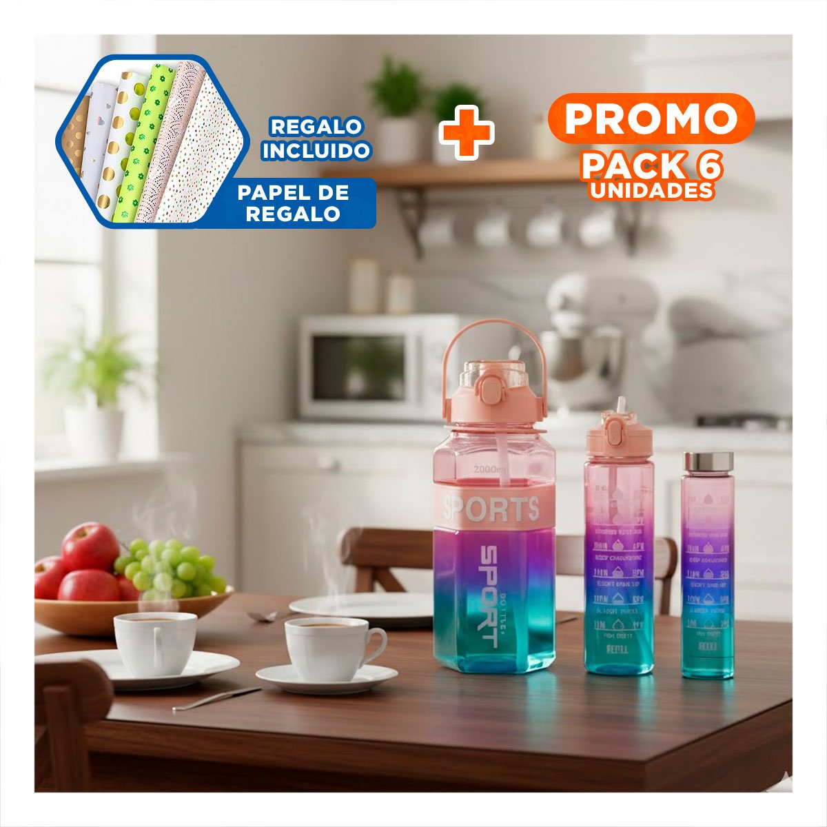 PACK6 COPA TRIO TRANSPARENTE ROSADO CLARO MORADO Y VERDE DOBLE PARED CONSERVA Y+PAPEL REGALO - 1
