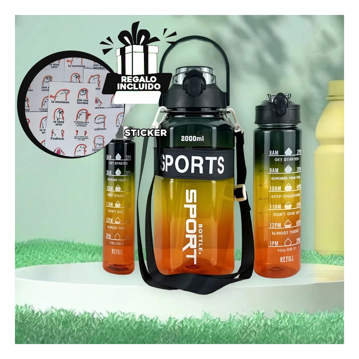 BOTELLA TRIO TRANSPARENTE NEGRO AMARILLO Y NARANJA RESISTENTE Y FACIL LIMPIAR Y+REGALO STICKER - 1