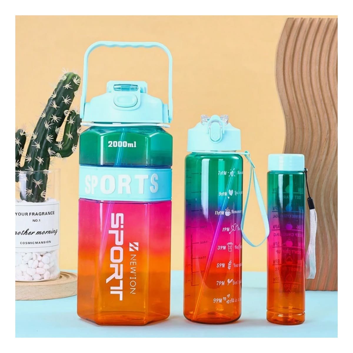 BOTELLA TRIO TRANSPARENTE CELESTE FUCSIA Y AMARILLO LIGERA Y COMODA TRANSPORTAR Y+LIGAS REGALO - 2