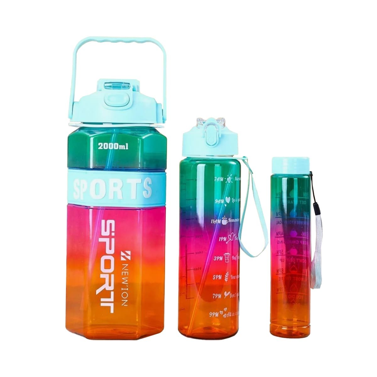 BOTELLA TRIO TRANSPARENTE CELESTE FUCSIA Y AMARILLO LIGERA Y COMODA TRANSPORTAR Y+LIGAS REGALO - 3
