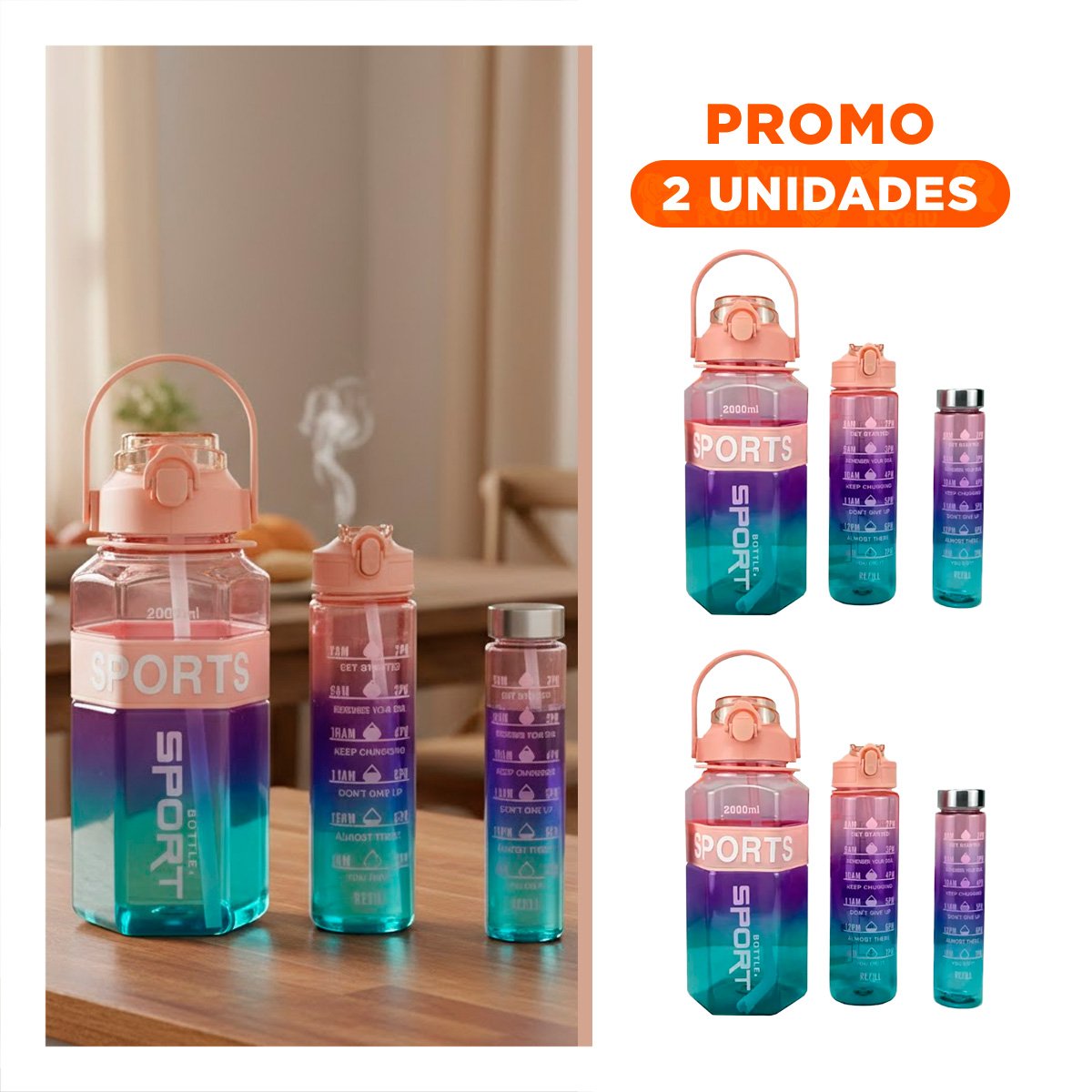 PACK2 RECIPIENTE TRIO TRANSPARENTE ROSADO CLARO MORADO Y VERDE RESISTENTE Y FACIL - 1