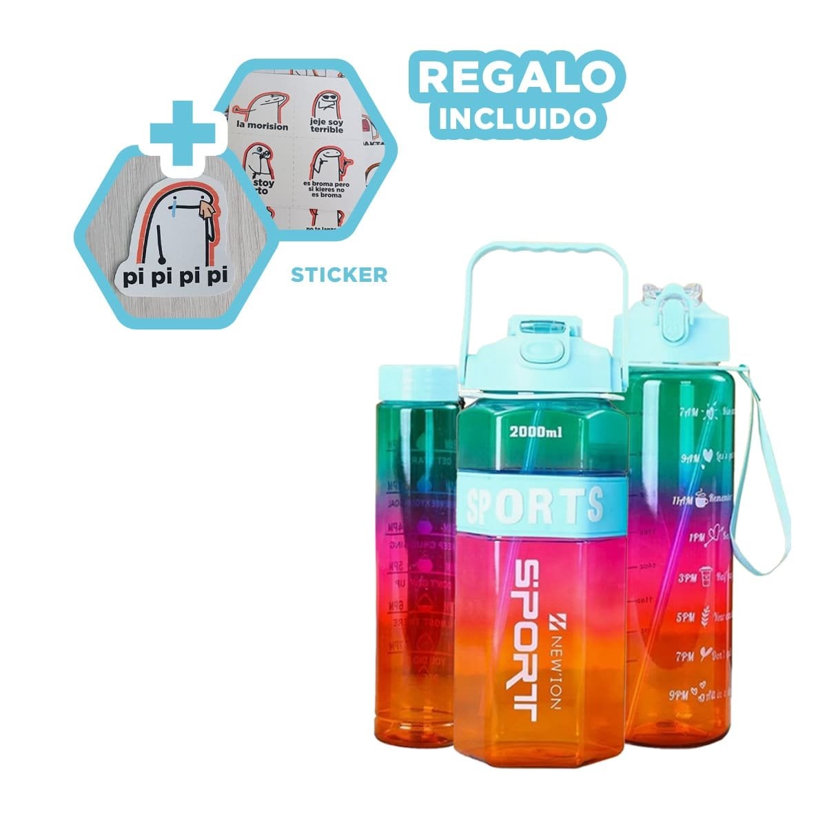 BOTELLA TRIO TRANSPARENTE CELESTE FUCSIA Y AMARILLO RESISTENTE Y FACIL LIMPIAR Y+REGALO STICKER - 1