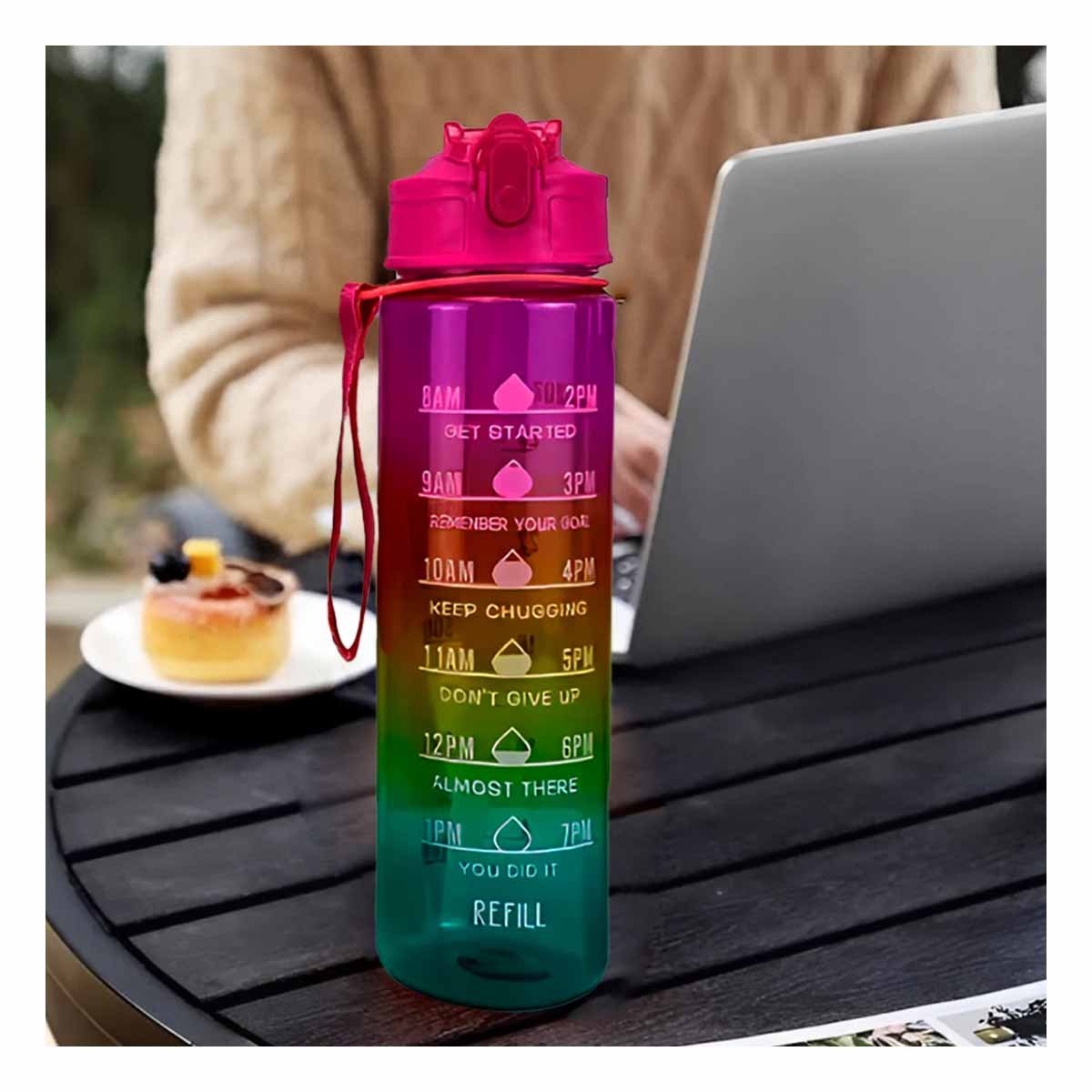 BOTELLA TRIO TRANSPARENTE FUCSIA AMARILLO Y VERDE LIGERA Y COMODA TRANSPORTAR Y+LIGAS REGALO - 1