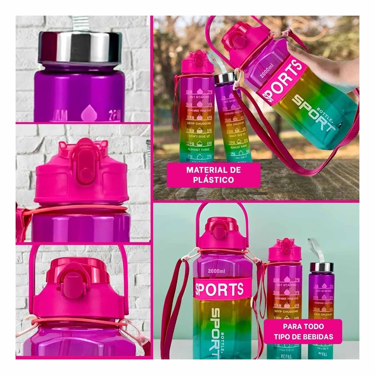 BOTELLA TRIO TRANSPARENTE FUCSIA AMARILLO Y VERDE LIGERA Y COMODA TRANSPORTAR Y+LIGAS REGALO - 5