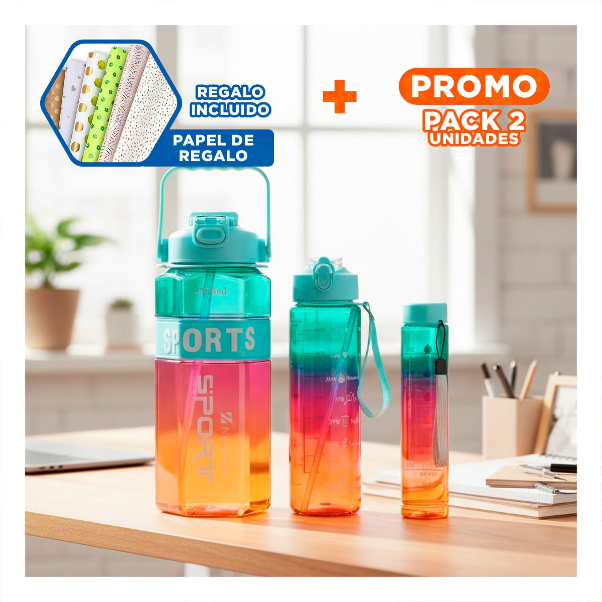 PACK2 RECIPIENTE TRIO TRANSPARENTE CELESTE FUCSIA Y AMARILLO LIGERO Y COMODO Y+PAPEL REGALO - 1