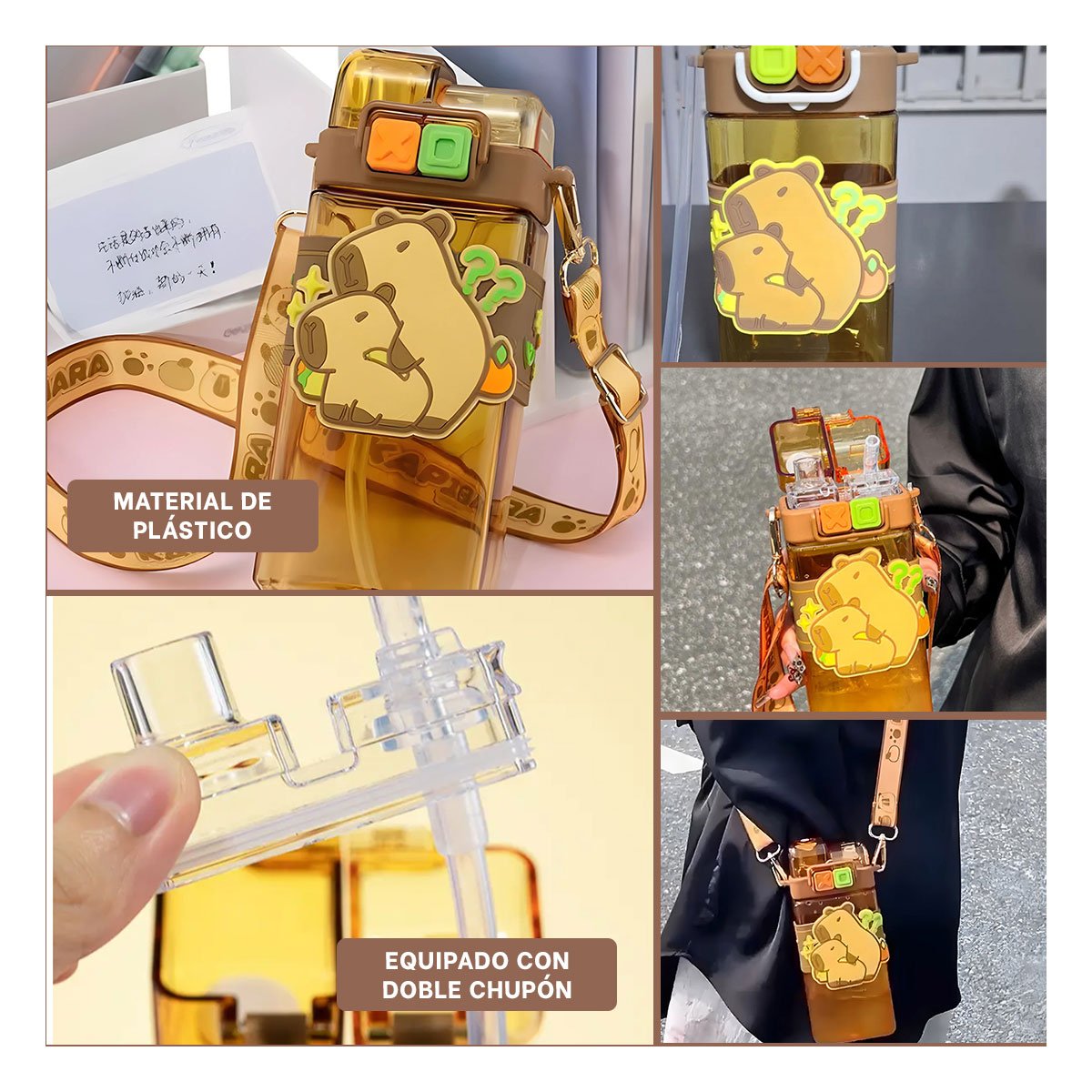 BOTELLA DOBLE CHUPON CON CORREA MARRON DOBLE PARED CONSERVA TEMPERATURA Y+POST IT - 1