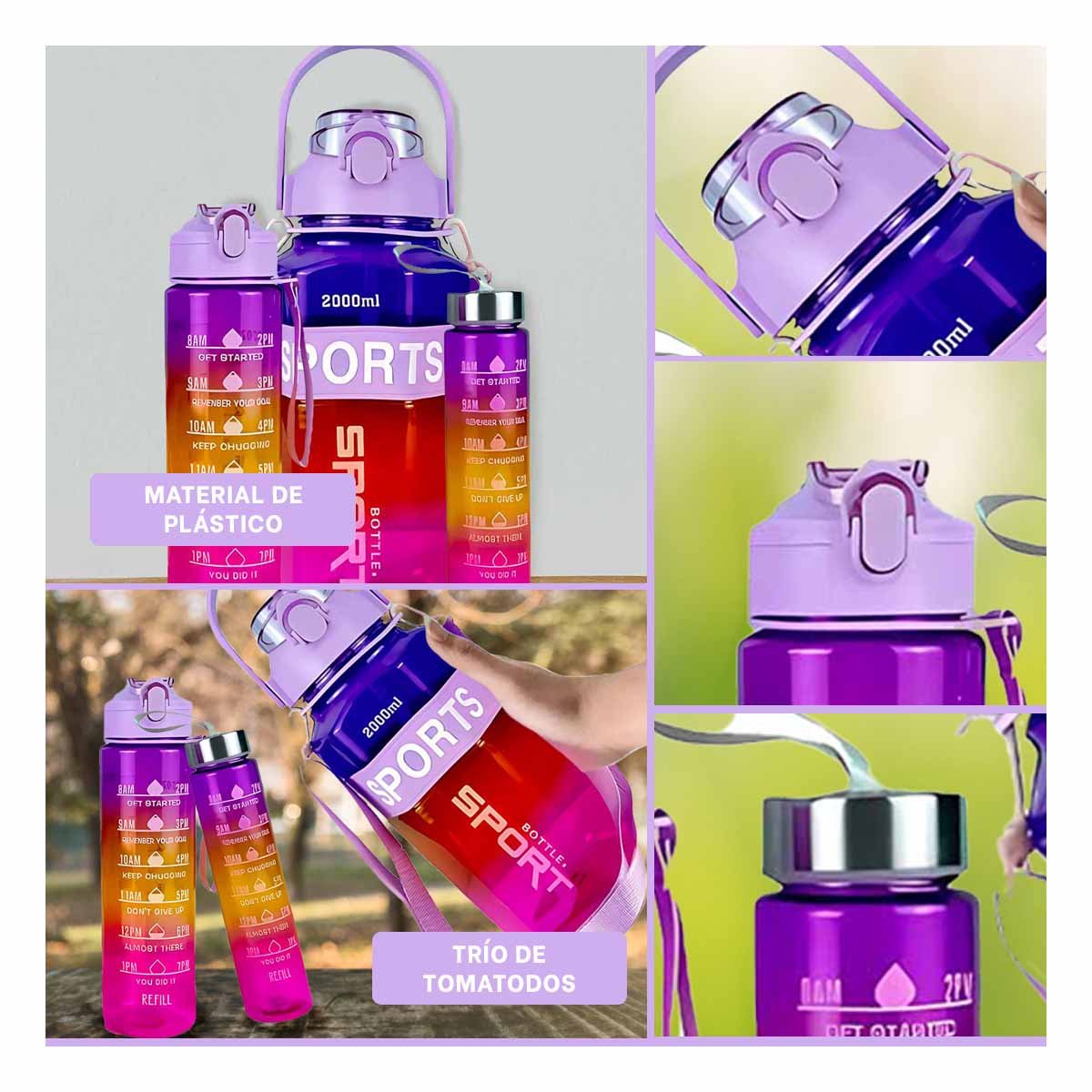 BOTELLA TRIO TRANSPARENTE MORADO ROJO Y FUCSIA DOBLE PARED CONSERVA Y+POST IT - 1