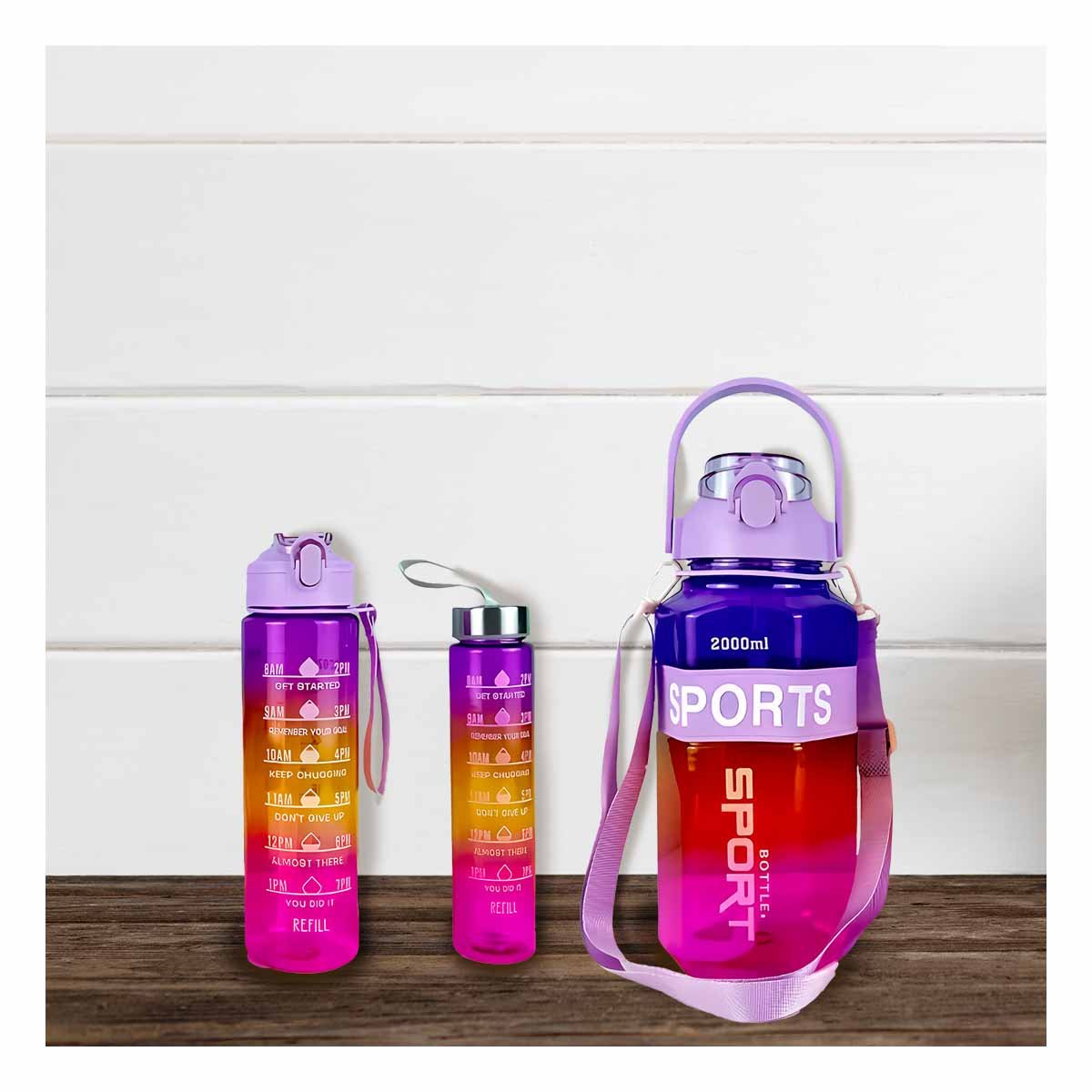 BOTELLA TRIO TRANSPARENTE MORADO ROJO Y FUCSIA DOBLE PARED CONSERVA Y+POST IT - 2