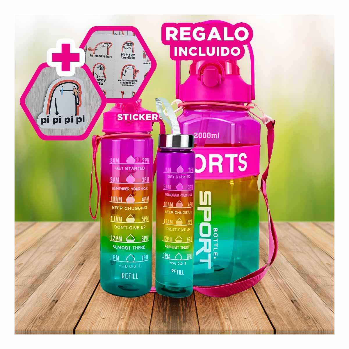 BOTELLA TRIO TRANSPARENTE FUCSIA AMARILLO Y VERDE RESISTENTE Y FACIL LIMPIAR Y+REGALO STICKER - 1