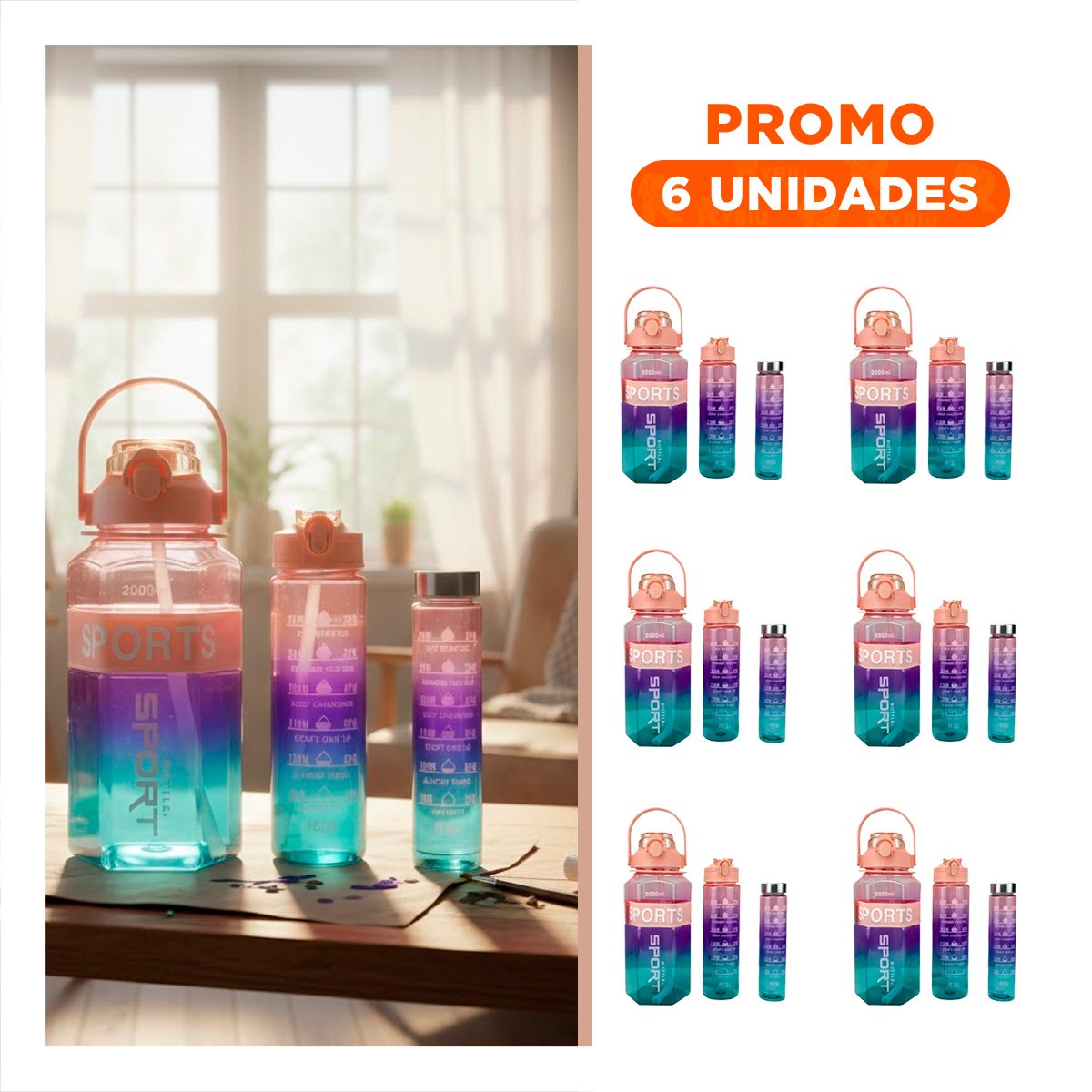 PACK6 COPA TRIO TRANSPARENTE ROSADO CLARO MORADO Y VERDE LIGERA Y COMODA TRANSPORTAR - 1