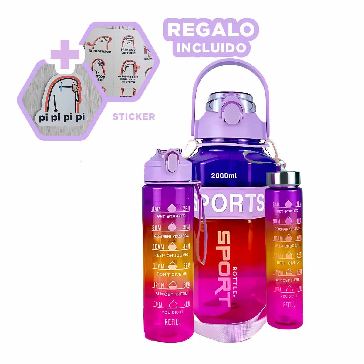 BOTELLA TRIO TRANSPARENTE MORADO ROJO Y FUCSIA RESISTENTE Y FACIL LIMPIAR Y+REGALO STICKER - 1