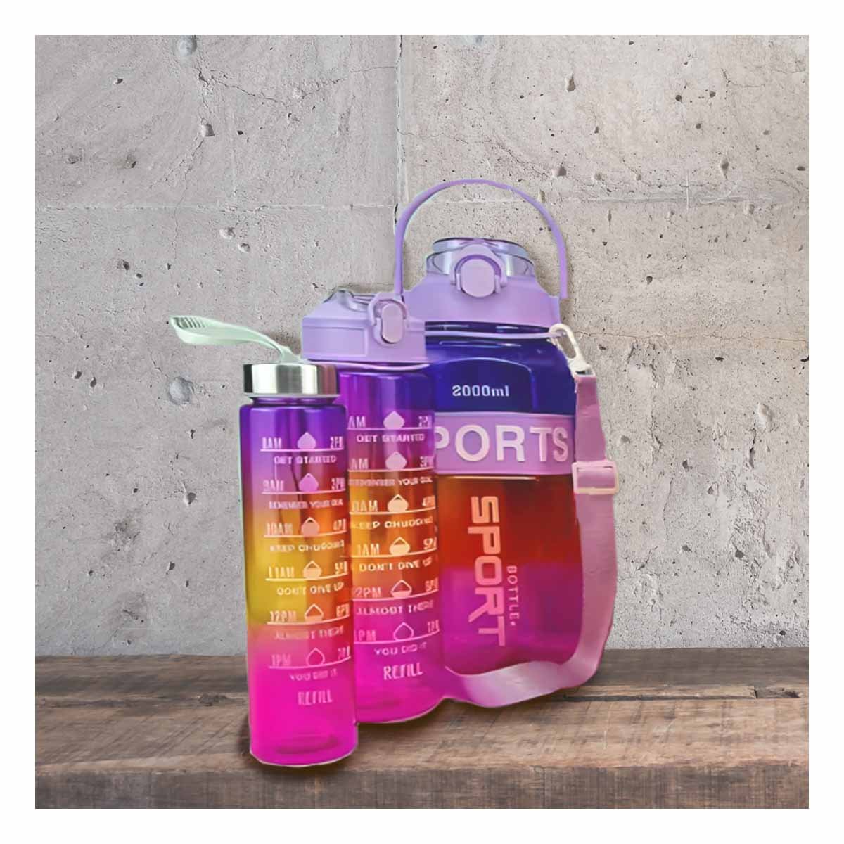 BOTELLA TRIO TRANSPARENTE MORADO ROJO Y FUCSIA RESISTENTE Y FACIL LIMPIAR Y+REGALO STICKER - 2