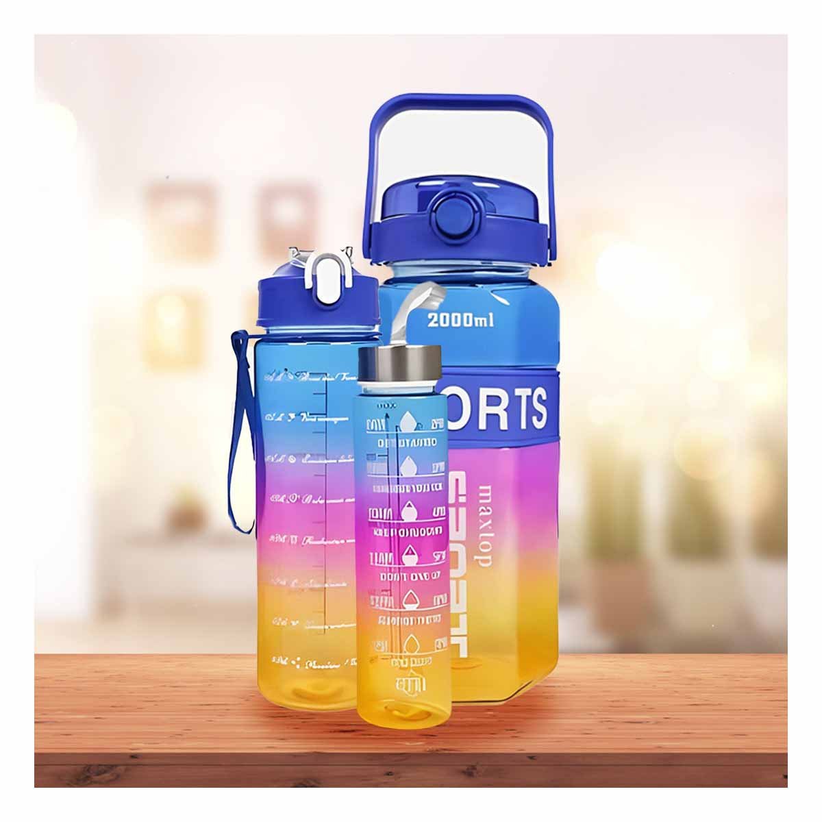 BOTELLA TRIO TRANSPARENTE AZUL FUCSIA Y AMARILLO CON TAPA HERMETICA OFICINA Y+PAPEL REGALO - 5