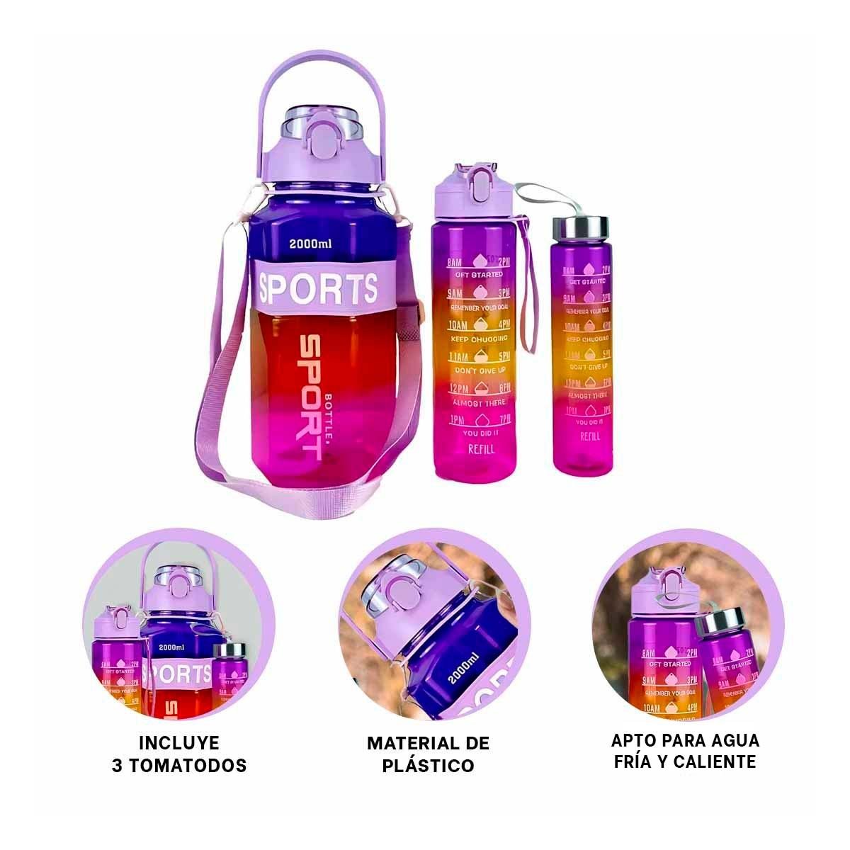 BOTELLA TRIO TRANSPARENTE COLORES MORADO ROJO Y FUCSIA MANTIENE BEBIDAS - 3