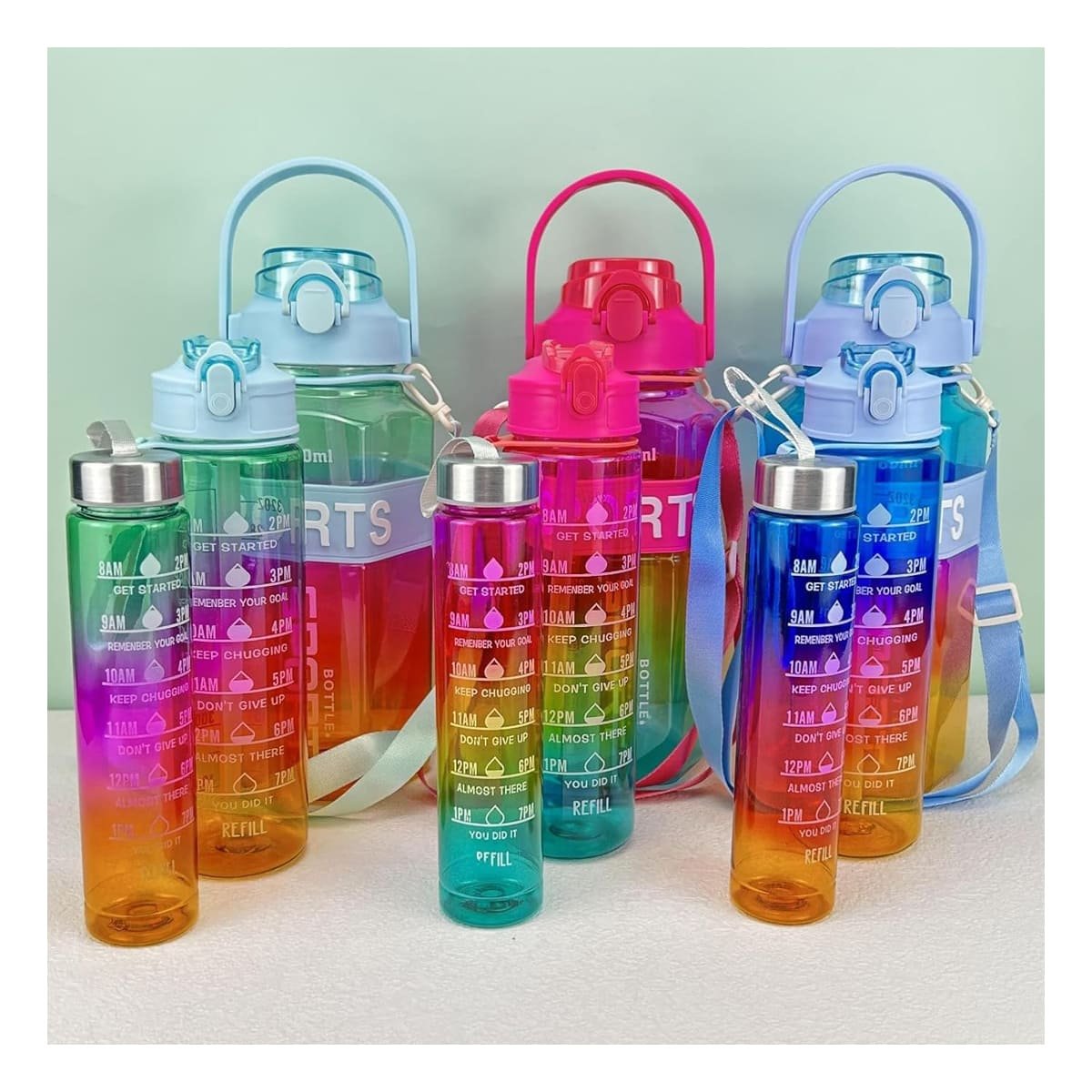 BOTELLA TRIO TRANSPARENTE CELESTE FUCSIA Y AMARILLO DOBLE PARED CONSERVA Y+POST IT - 2