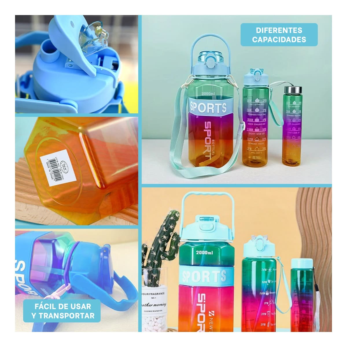 BOTELLA TRIO TRANSPARENTE CELESTE FUCSIA Y AMARILLO DOBLE PARED CONSERVA Y+POST IT - 5