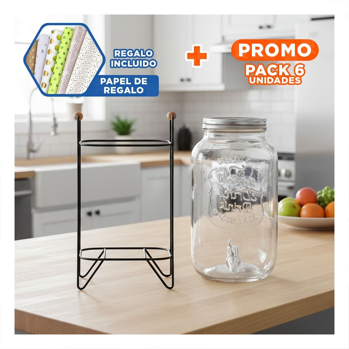 PACK6 JARRA TRANSPARENTE 5 L CON BASE METALICA NEGRA PARA BEBIDAS NATURALES Y+PAPEL REGALO - 1