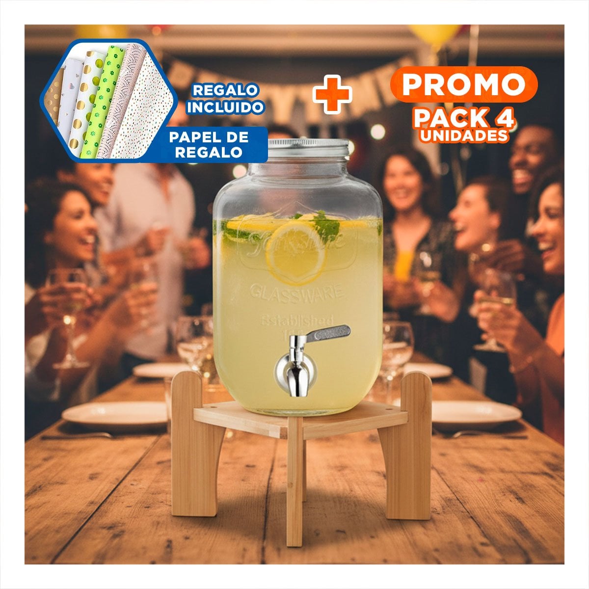 PACK4 PORTA BEBIDA TRANSPARENTE 4L CON BASE DE MADERA Y TAPA METAL Y+PAPEL REGALO - 1
