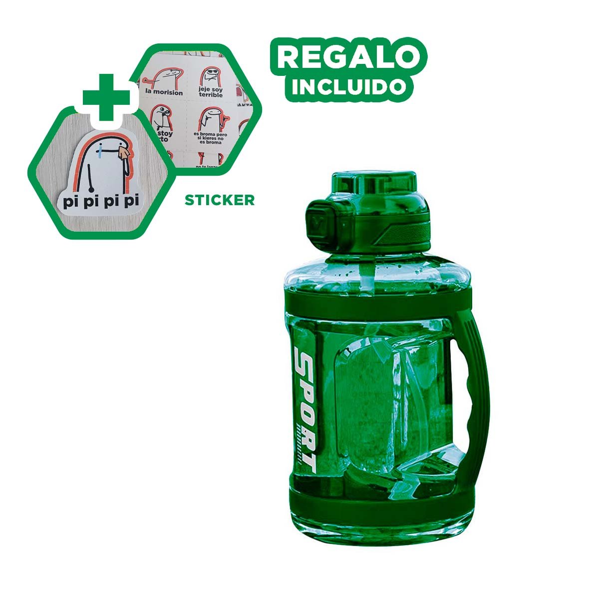 BOTELLA BIDON VERDE CON TAPA HERMETICA FACIL DE ABRIR Y CERRAR Y+REGALO STICKER - 1