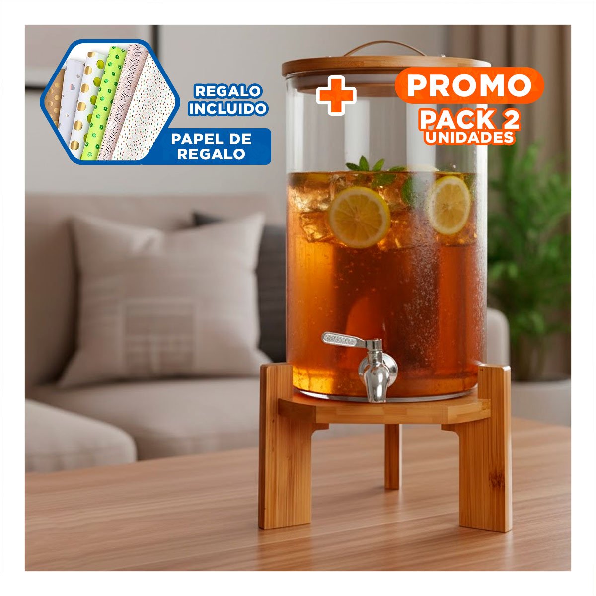 PACK2 EQUIPO DE BEBIDA 10L CON BASE DE MADERA TRANSPARENTE PARA CASA Y+PAPEL REGALO - 1