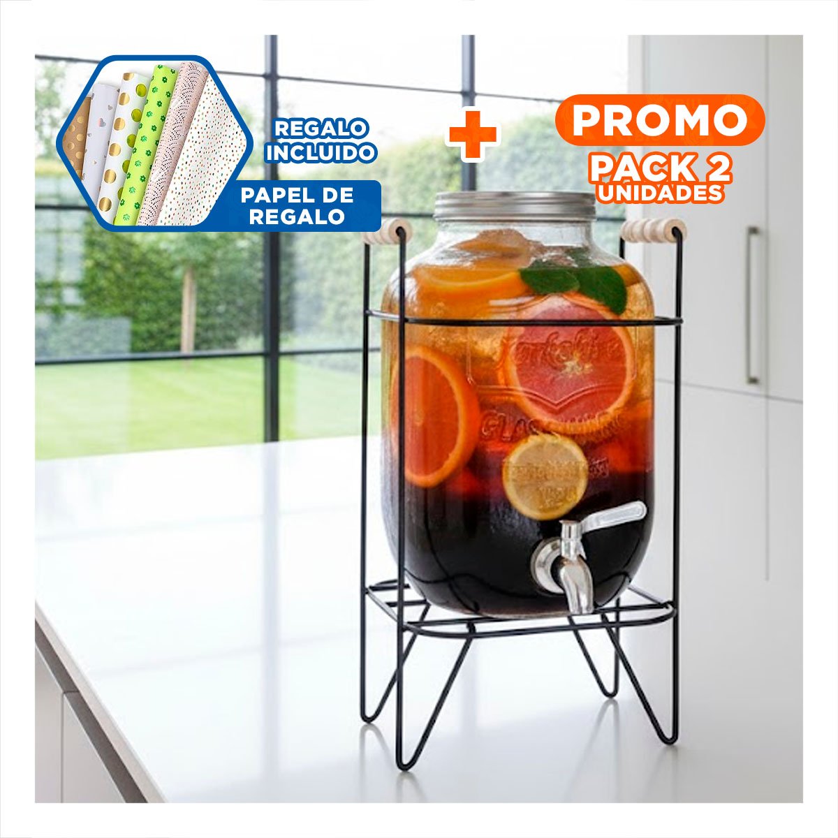 PACK2 PRESENTADOR DE BEBIDA 4L CON BASE METALICA NEGRO TRANSPARENTE Y+PAPEL REGALO - 1