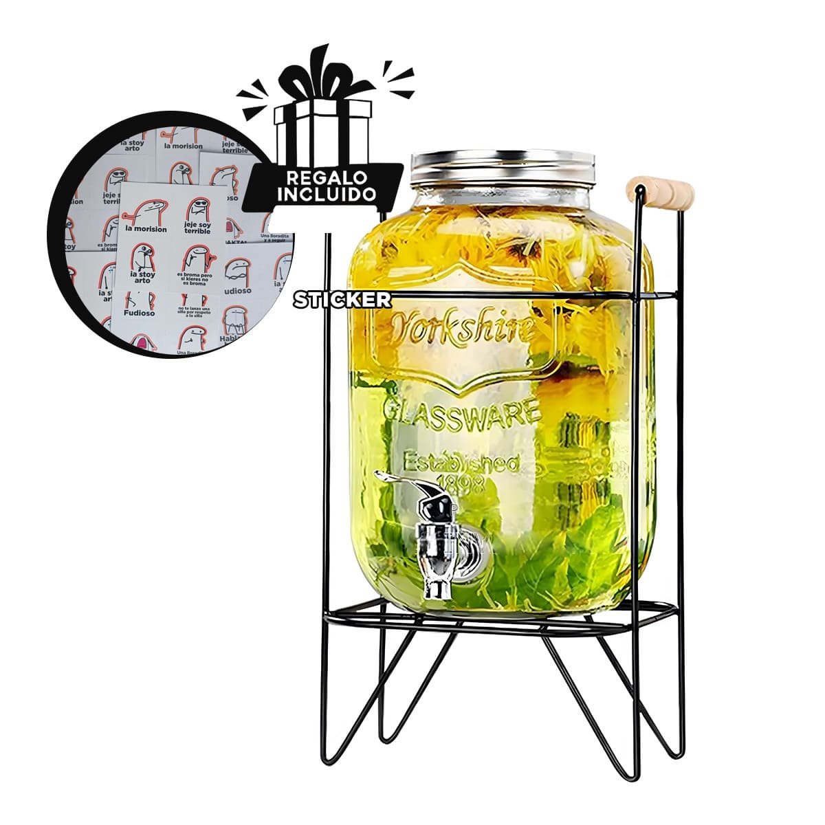 RECIPIENTE TRANSPARENTE 5 L CON BASE METALICA NEGRA CON PRACTICO GRIFO Y+REGALO STICKER - 1