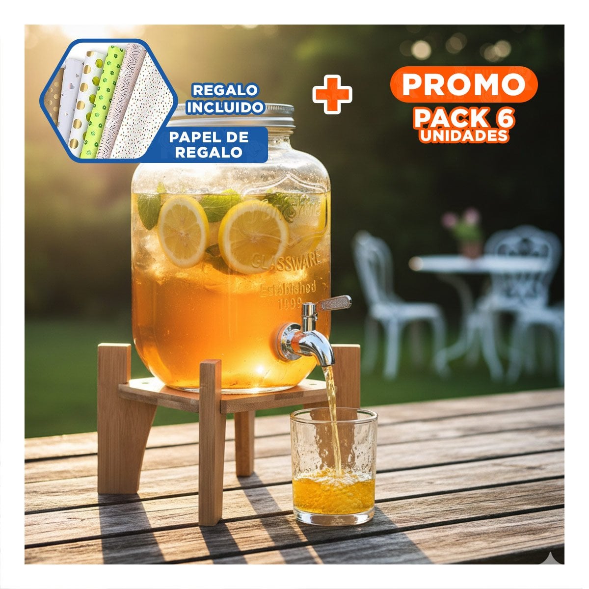 PACK6 ACCESORIO TRANSPARENTE 4L CON BASE DE MADERA Y TAPA METAL Y+PAPEL REGALO - 1