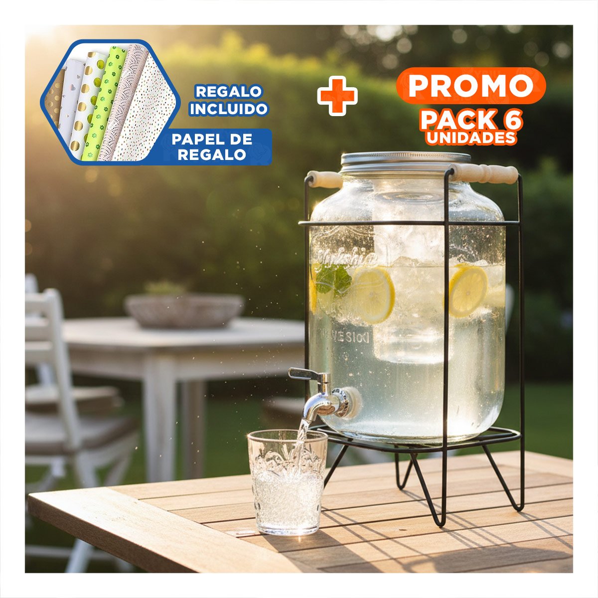 PACK6 PROPUESTA FUNCIONAL DISPENSADOR DE BEBIDA 4L NEGRO TRANSPARENTE Y+PAPEL REGALO - 1