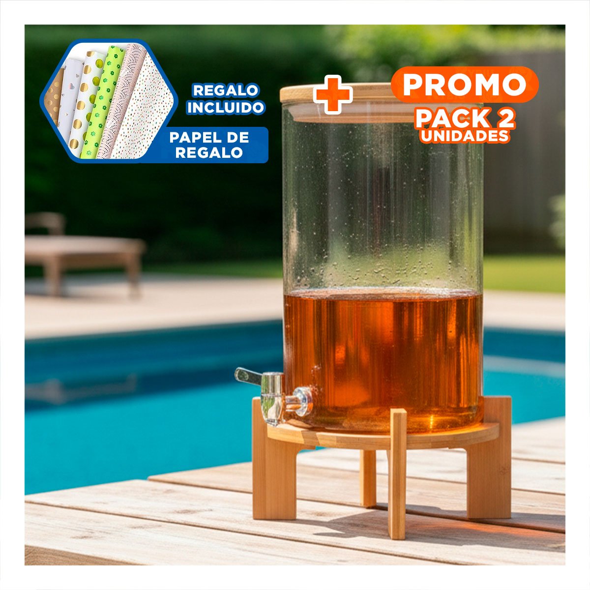 PACK2 JARRA 8L CON BASE DE MADERA TRANSPARENTE FUNCIONAL PARA MESA DE SERVICIO Y+PAPEL REGALO - 1