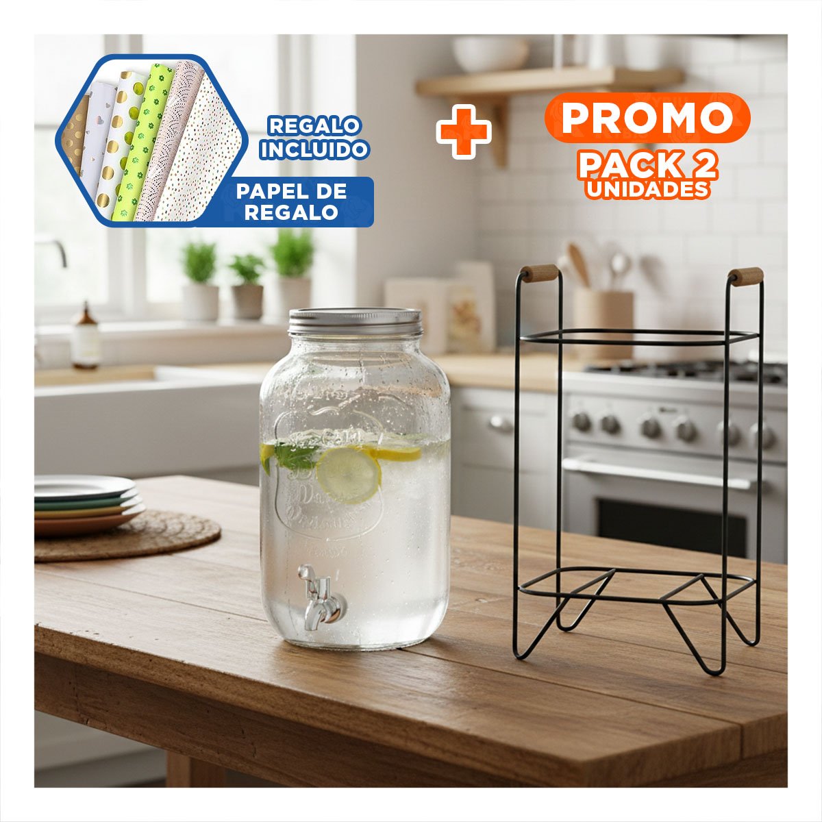PACK2 RECIPIENTE TRANSPARENTE 5 L CON BASE METALICA NEGRA PARA MESA PRINCIPAL Y+PAPEL REGALO - 1