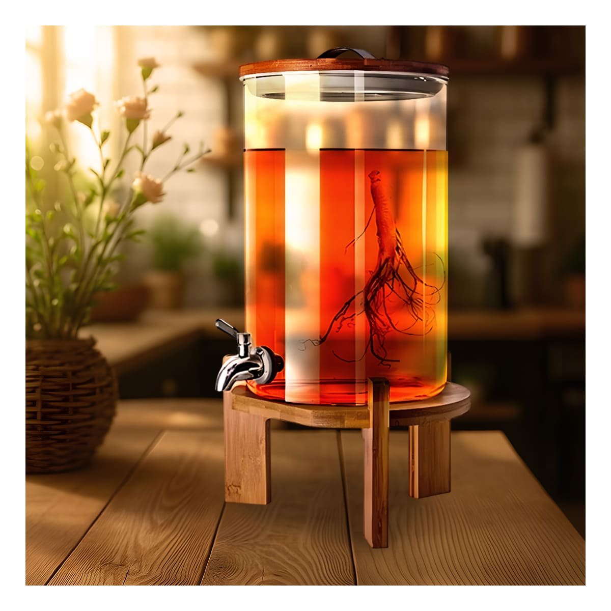 TANQUE DE BEBIDA 10L CON BASE DE MADERA TRANSPARENTE PARA EVENTOS Y+PAPEL REGALO - 5