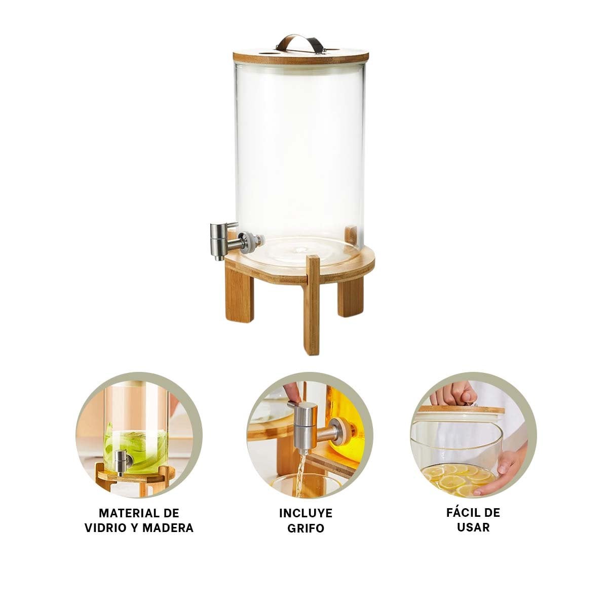 DISPENSADOR 8L TRANSPARENTE CON BASE DE MADERA PARA JUGOS, REFRESCOS O AGUA - 3