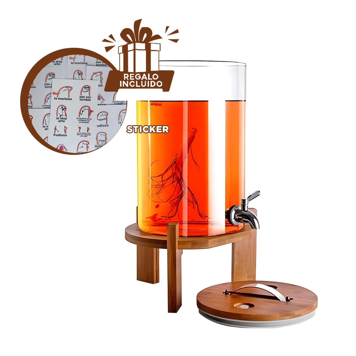 VASIJA DE BEBIDA 10L CON BASE DE MADERA TRANSPARENTE PARA HOGAR Y+REGALO STICKER - 1