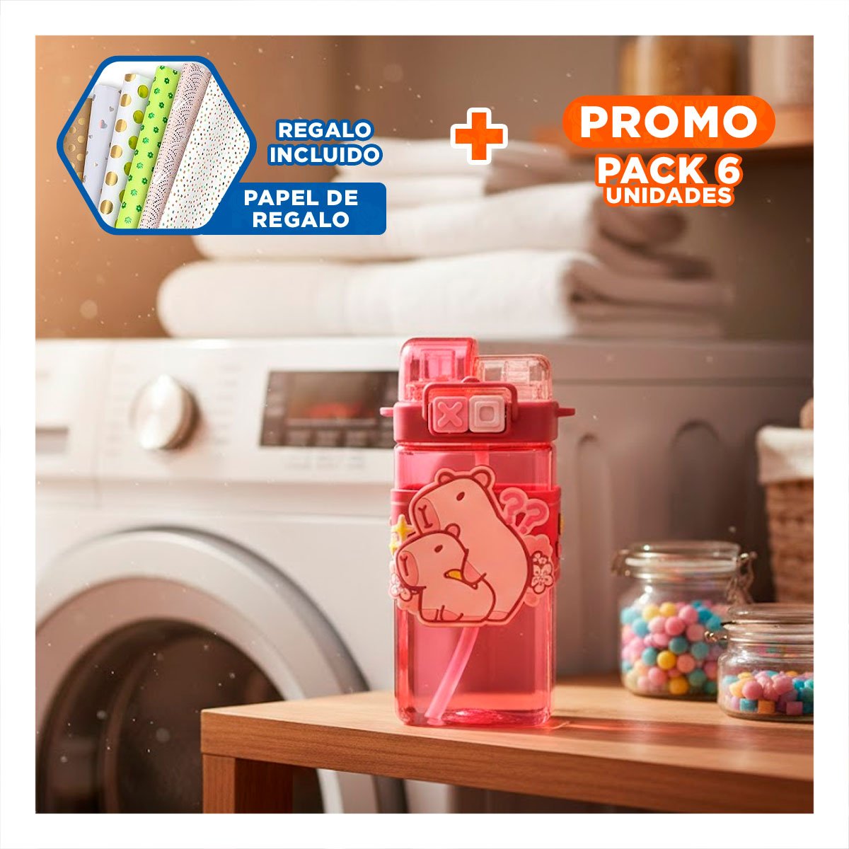 PACK6 COPA DOBLE CHUPON CON CORREA ROSADO DOBLE PARED CONSERVA TEMPERATURA Y+PAPEL REGALO - 1