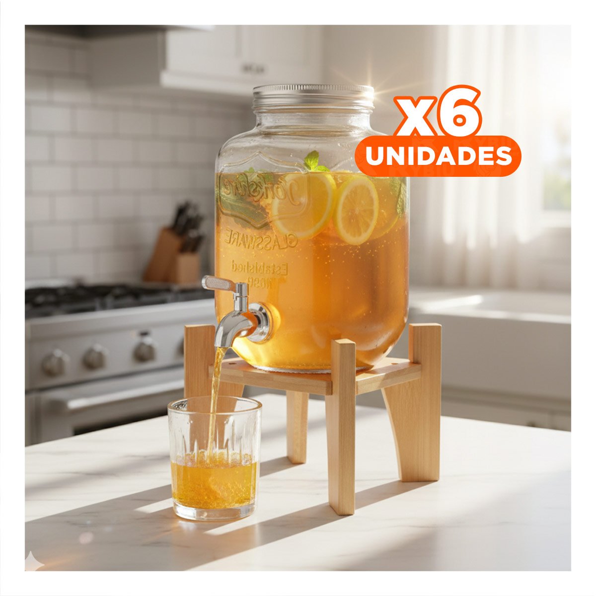 PACK6 DISPENSADOR DE LIQUIDOS 4L CON BASE DE MADERA Y TAPA METAL Y+REGALO STICKER - 1