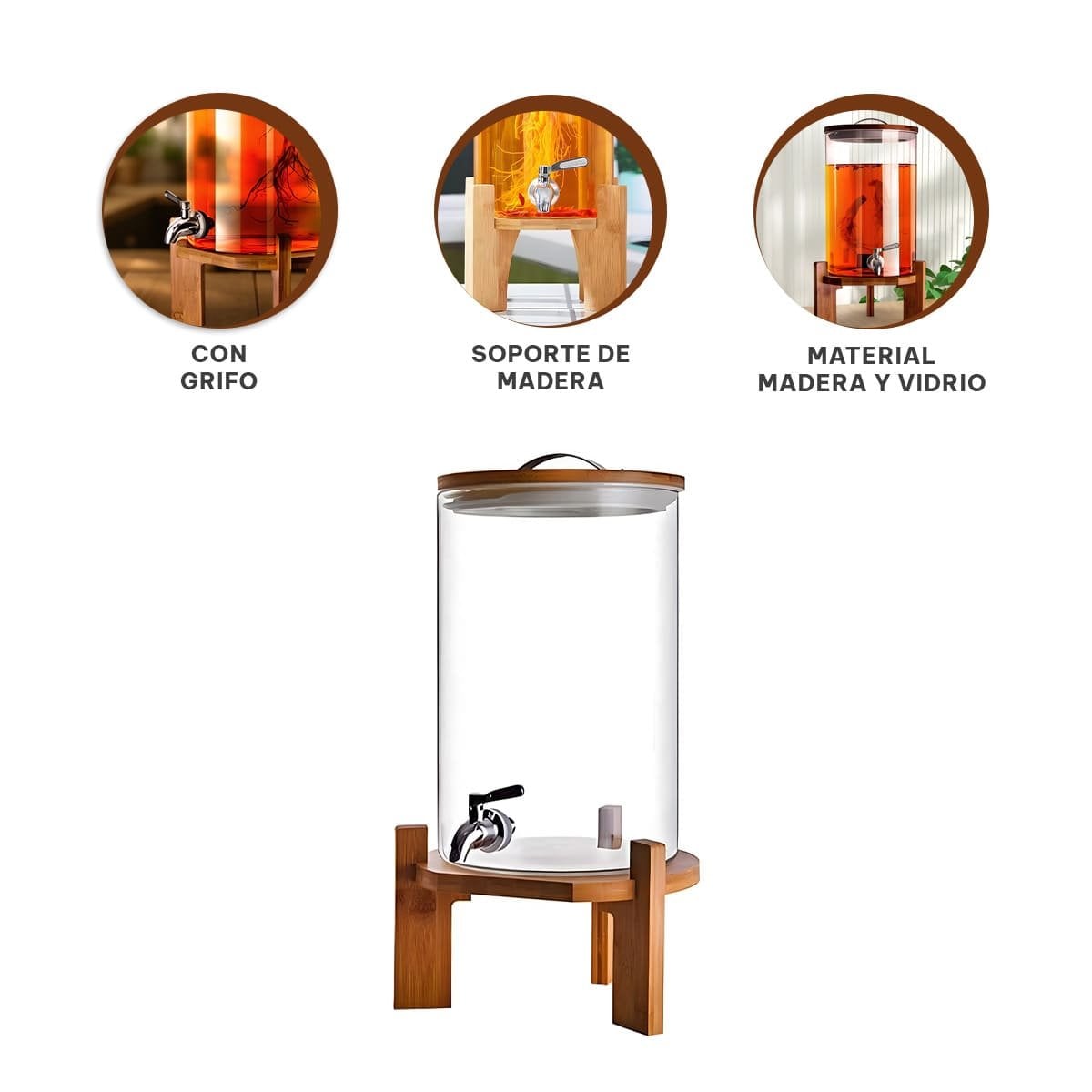 DEPOSITO DE BEBIDA 10L CON BASE DE MADERA TRANSPARENTE PARA CASA - 3