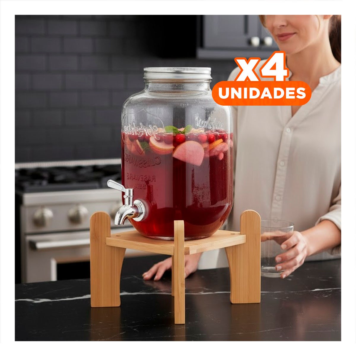 PACK4 VASIJA PARA HOGAR 4L CON BASE DE MADERA Y TAPA METAL TRANSPARENTE - 1