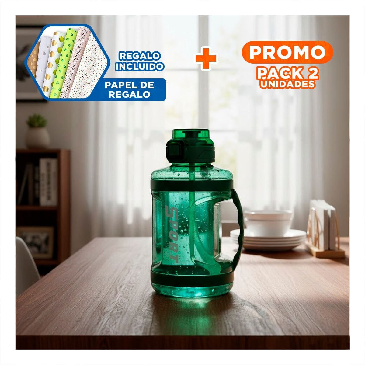 PACK2 RECIPIENTE BIDON VERDE RESISTENTE Y FACIL DE LIMPIAR TODOS LOS DIAS Y+PAPEL REGALO - 1